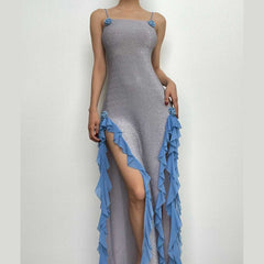 Textured ruffle slit contrast flower applique maxi dress - Final Sale