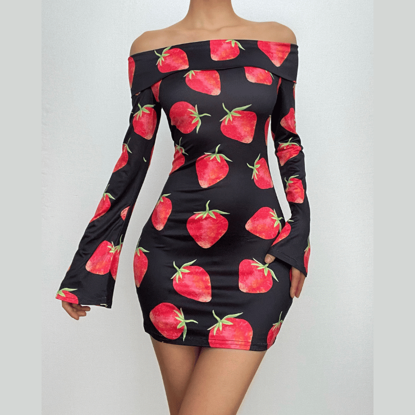 Minivestido con hombros descubiertos, manga larga, estampado de fresas en contraste 