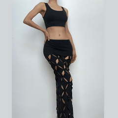 Hollow out solid sleeveless u neck maxi skirt set