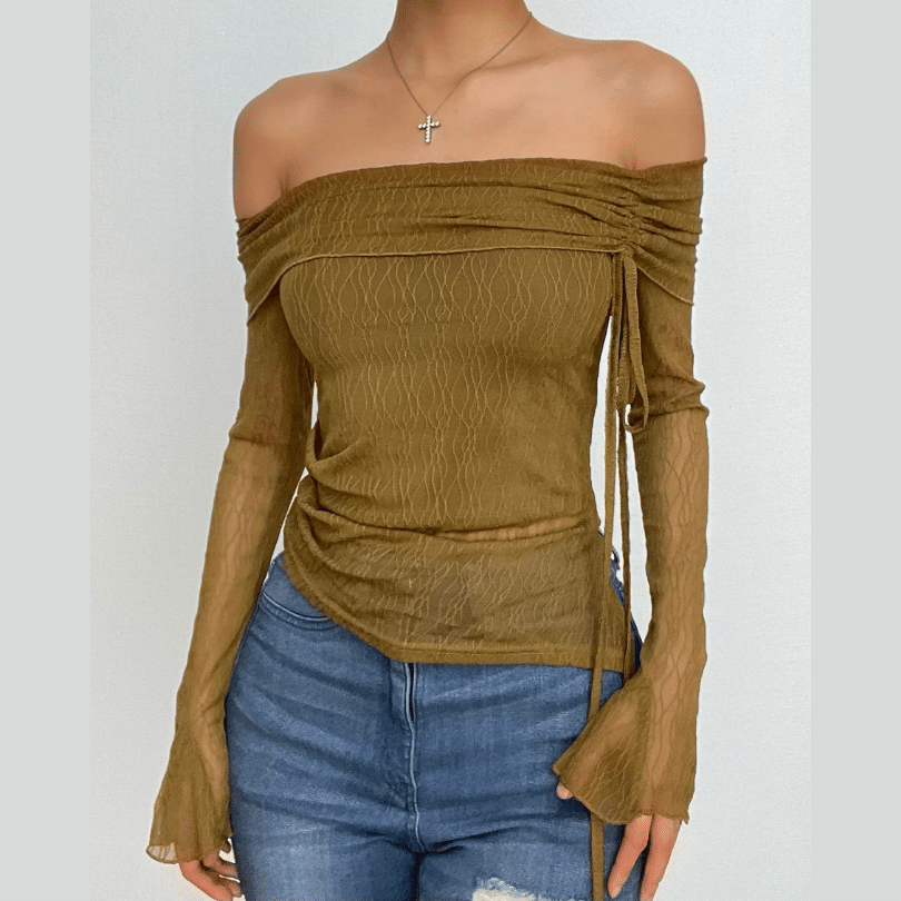 Long flared sleeve off shoulder drawstring ruched mesh top