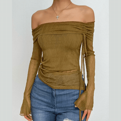 Long flared sleeve off shoulder drawstring ruched mesh top