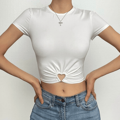 Heart ring ruched short sleeve solid crewneck crop top