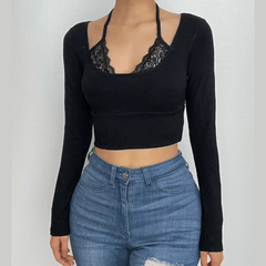 Lace patchwork halter long sleeve solid crop top