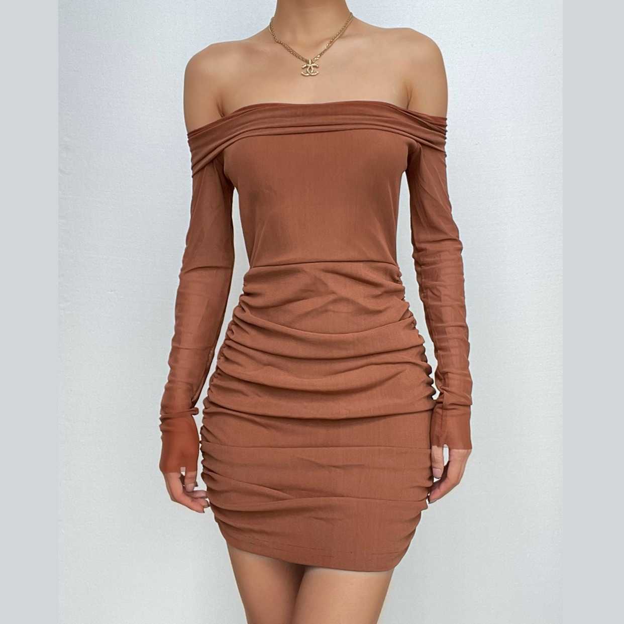 Mesh off shoulder solid long sleeve ruched mini dress