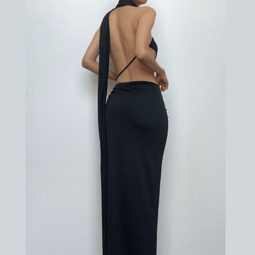 Halter o ring irregular solid backless ruched slit maxi dress