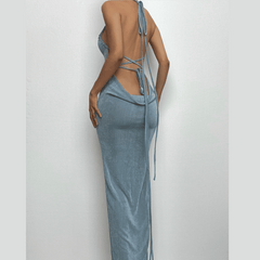 PRE ORDER - Halter ruched backless lace up solid self tie maxi dress