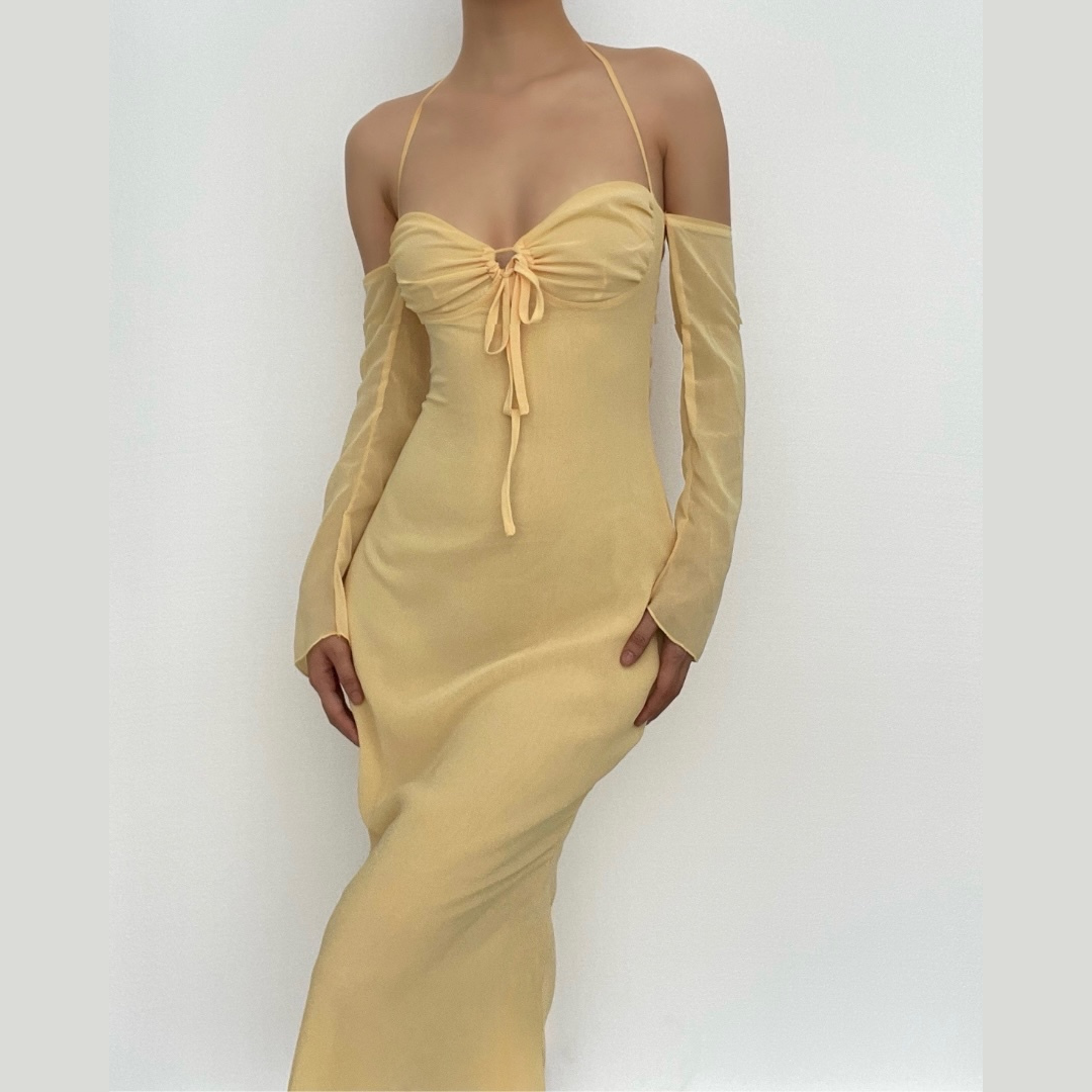 Low cut halter off shoulder long flared sleeve midi dress