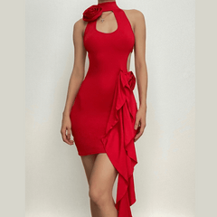 Flower applique hollow out halter ruffle solid sleeveless mini dress