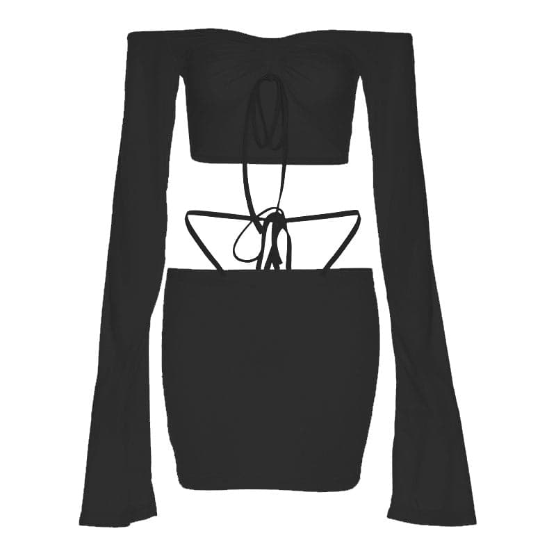 Solid irregular drawstring self tie backless flared sleeve skirt set