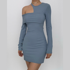 Irregular off shoulder ribbed solid ribbed long sleeve mini dress