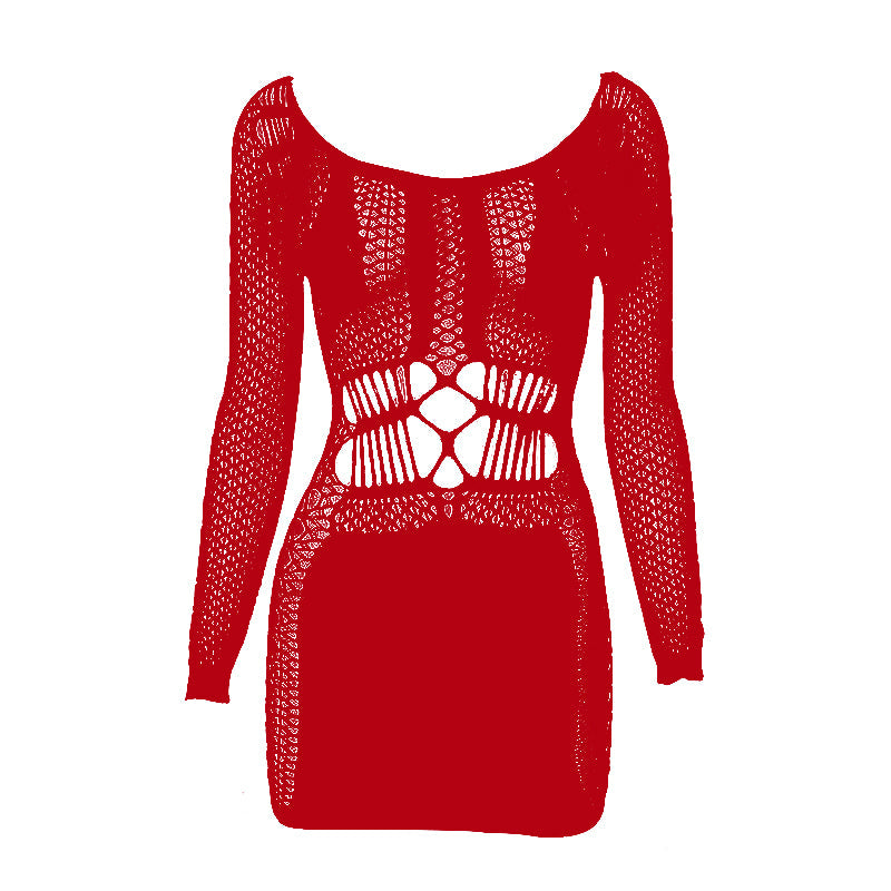 Fishnet long sleeve hollow out see through mini dress