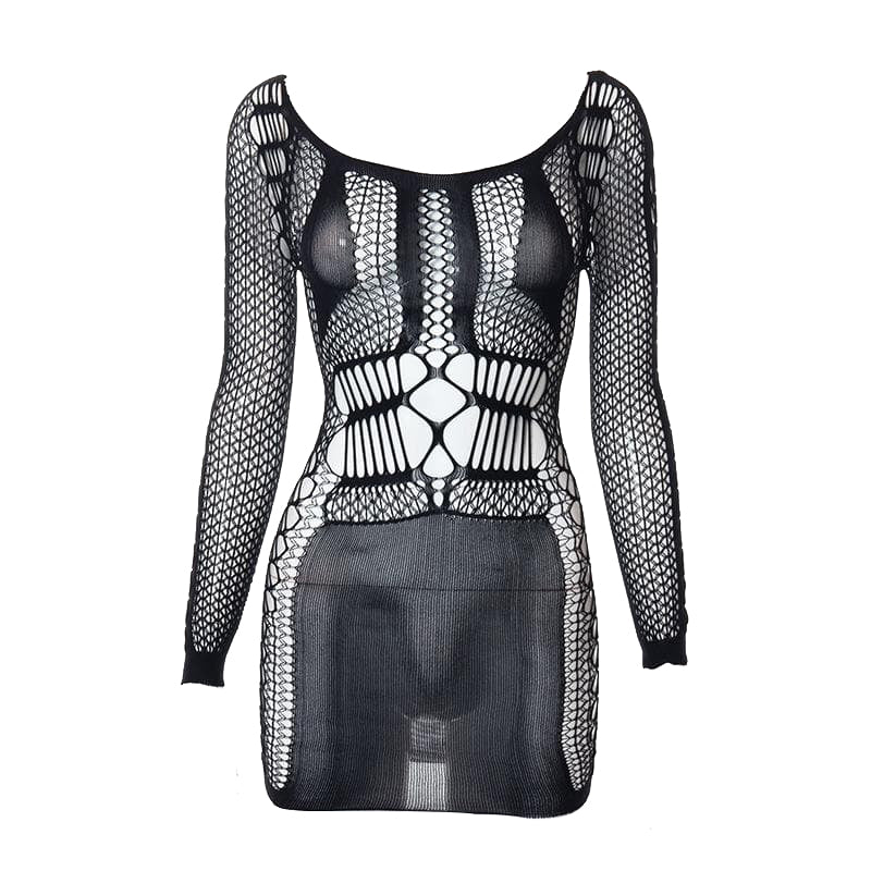 Fishnet long sleeve hollow out see through mini dress