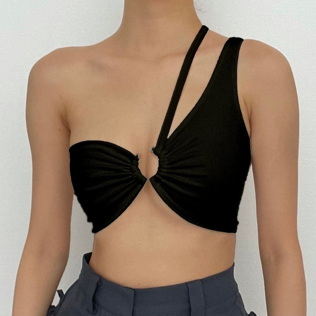 Hollow out o ring one shoulder backless ruched ribbed crop top