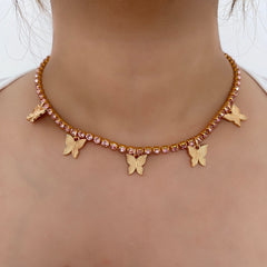 Rhinestone butterfly pendant choker necklace