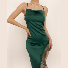 Hem lace slit satin cross open back dress