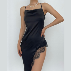 Hem lace slit satin cross open back dress