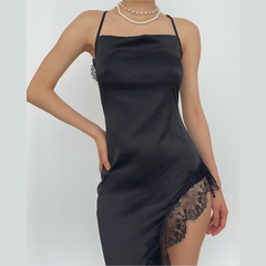 Hem lace slit satin cross open back dress