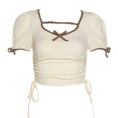 Ruched drawstring short sleeve bowknot self tie crop top