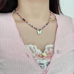 Multicolor clay beaded butterfly pendant necklace