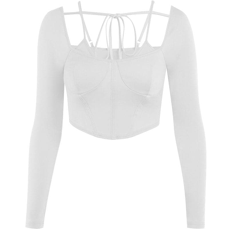 Einfarbiges, langärmliges, rückenfreies Bustier-Crop-Top zum Selbstbinden 