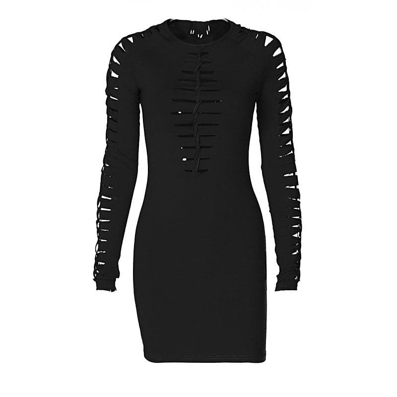 Long sleeve solid hollow out round neck mini dress - Final Sale