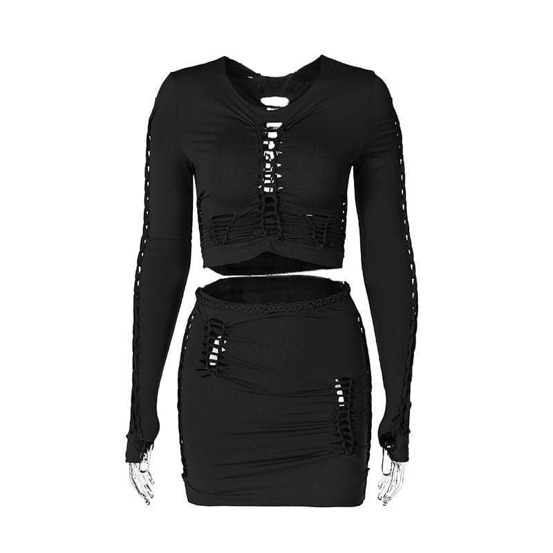 Long sleeve solid hollow out round neck ruched crop top skirt set