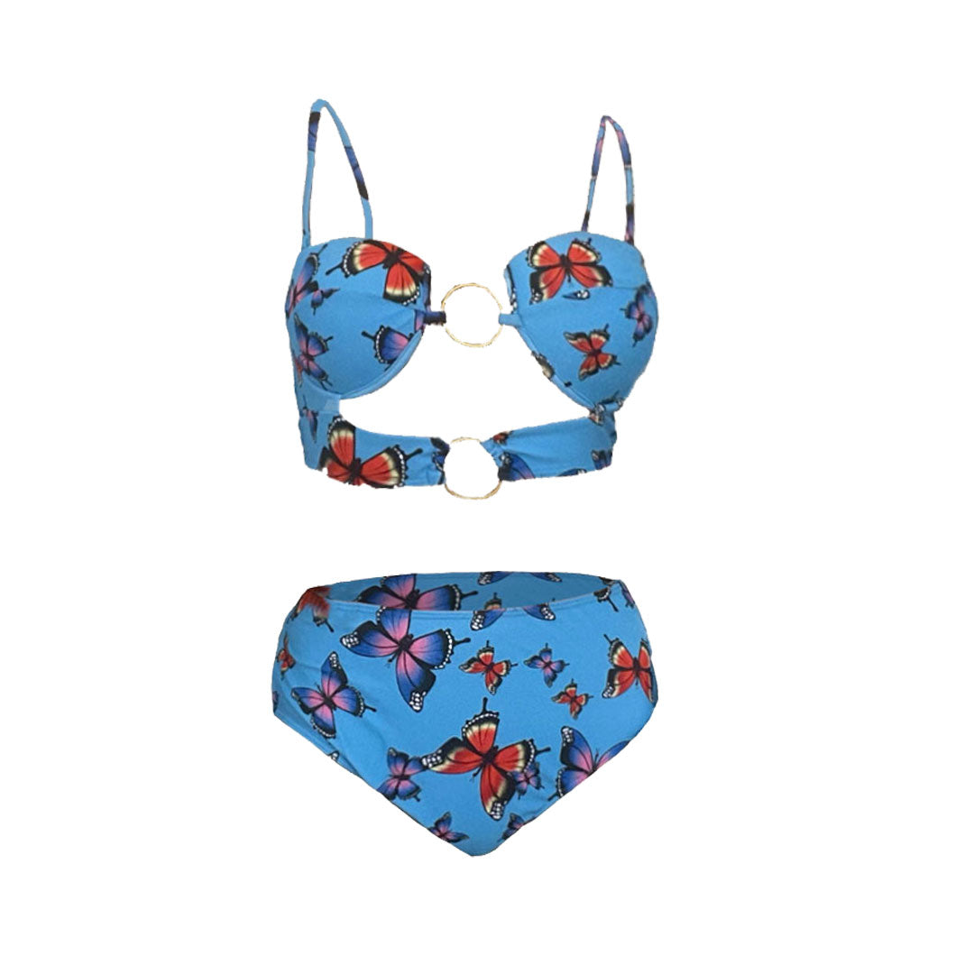 Traje de baño de bikini de tirantes finos con estampado de mariposa y relleno de anillo en O 