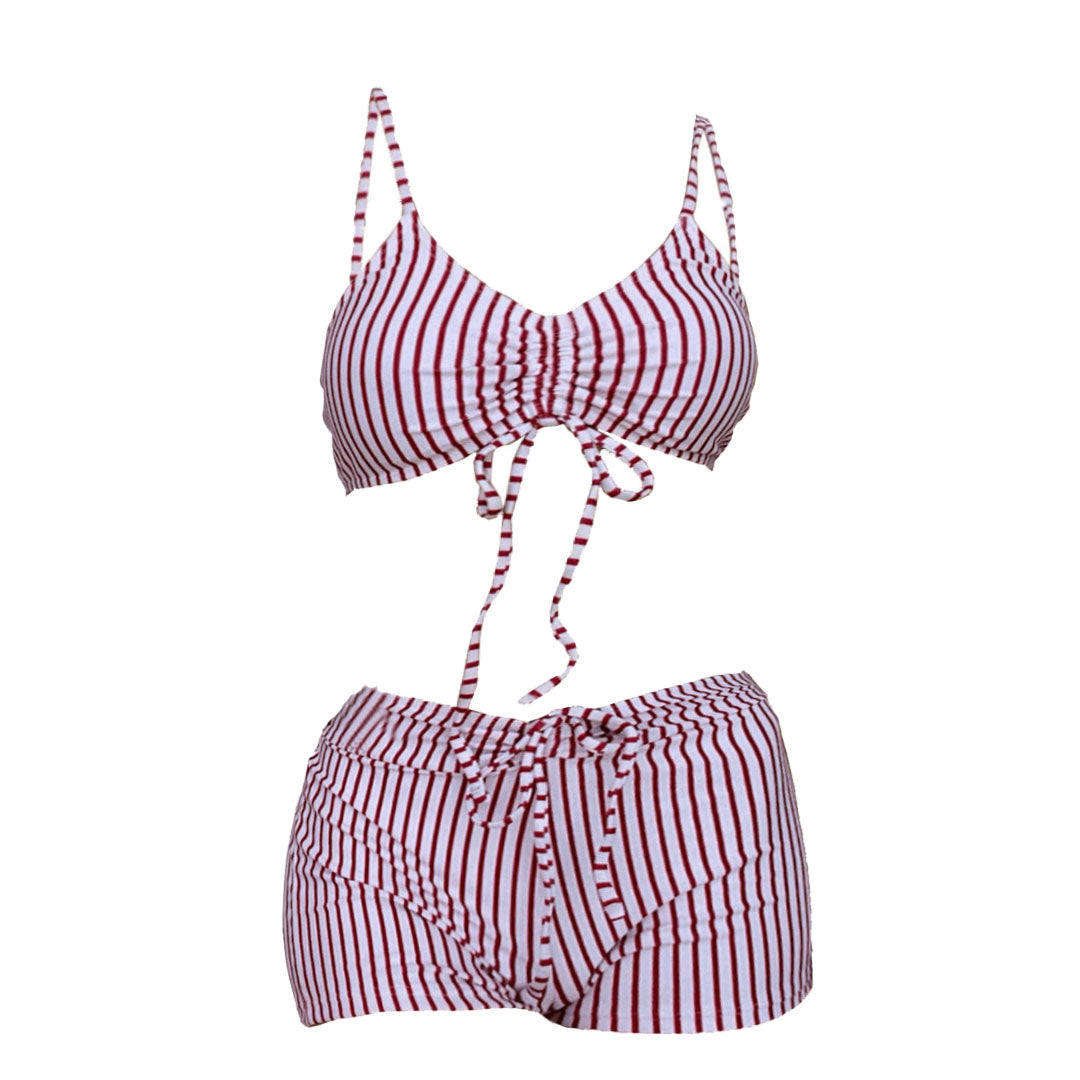 Gestreifter Bikini mit Kordelzug und V-Ausschnitt zum Selbstbinden, Camisole-Hose