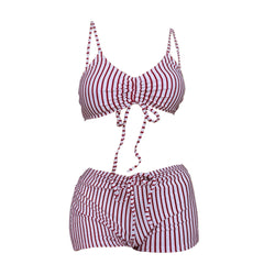 Gestreifter Bikini mit Kordelzug und V-Ausschnitt zum Selbstbinden, Camisole-Hose