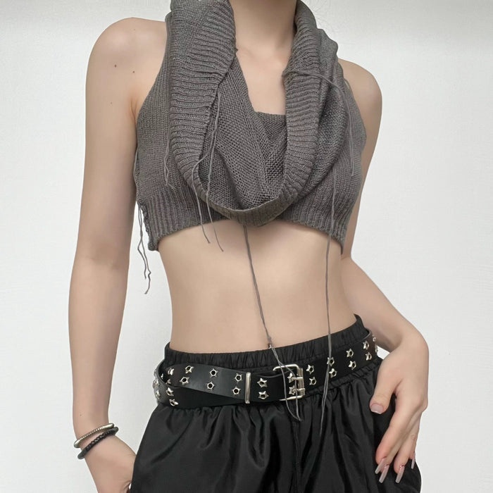 Solid sleeveless knitted stitch hoodie crop top