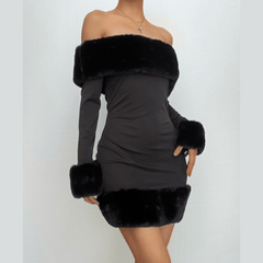 Fluffy patchwork solid off shoulder long sleeve mini dress