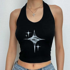 Top corto con cuello halter, espalda descubierta y contraste con estampado de estrellas 