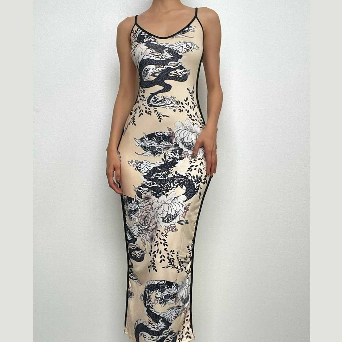 Dragon pattern v neck contrast backless cami maxi dress