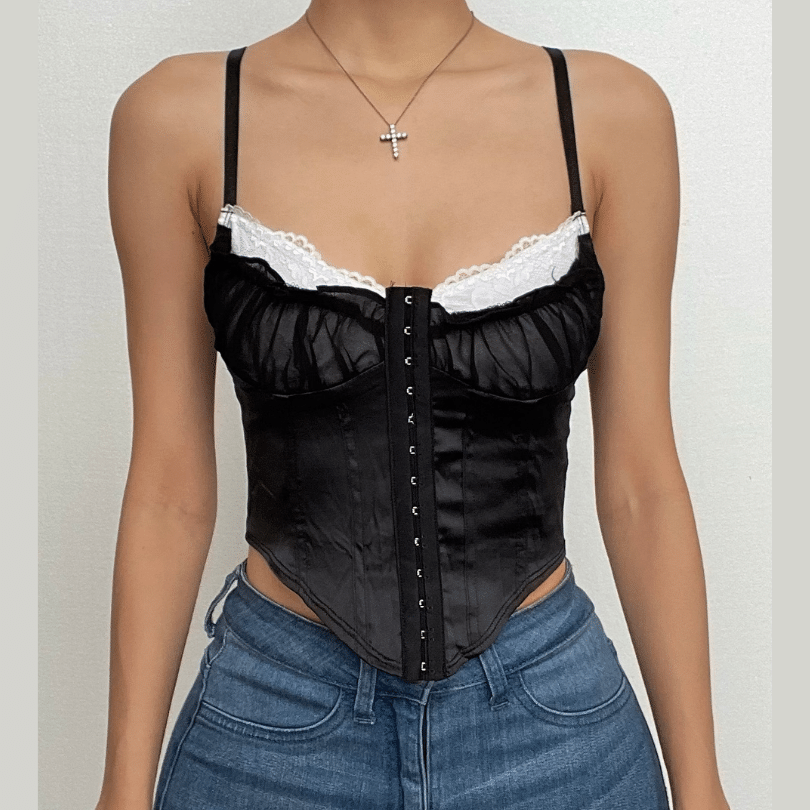 Button lace hem patchwork ruched contrast corset crop top