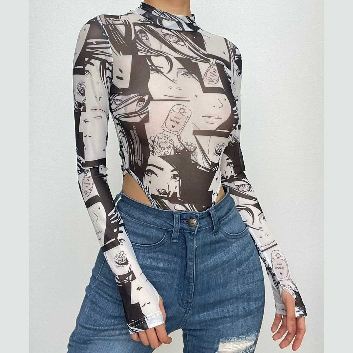 High neck gloves long sleeve sheer mesh see through abstract top