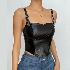 Rückenfreies Crop-Top aus massivem PU-Leder mit Reißverschluss und Schnalle