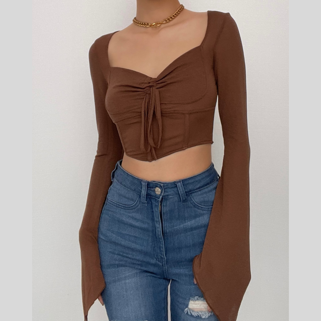 Long sleeve solid drawstring ruched self tie crop top