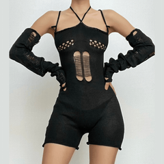 Crochet gloves hollow out halter cross back backless romper