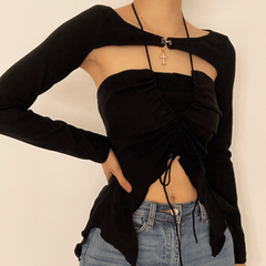 Long sleeve ruffled drawstring ruched solid 2 piece top