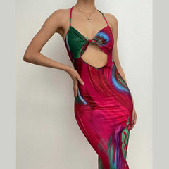 Contrast print halter hollow out knotted backless maxi dress