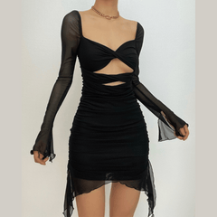 Long sleeve solid hollow out slit mesh ruched zip-up backless mini dress