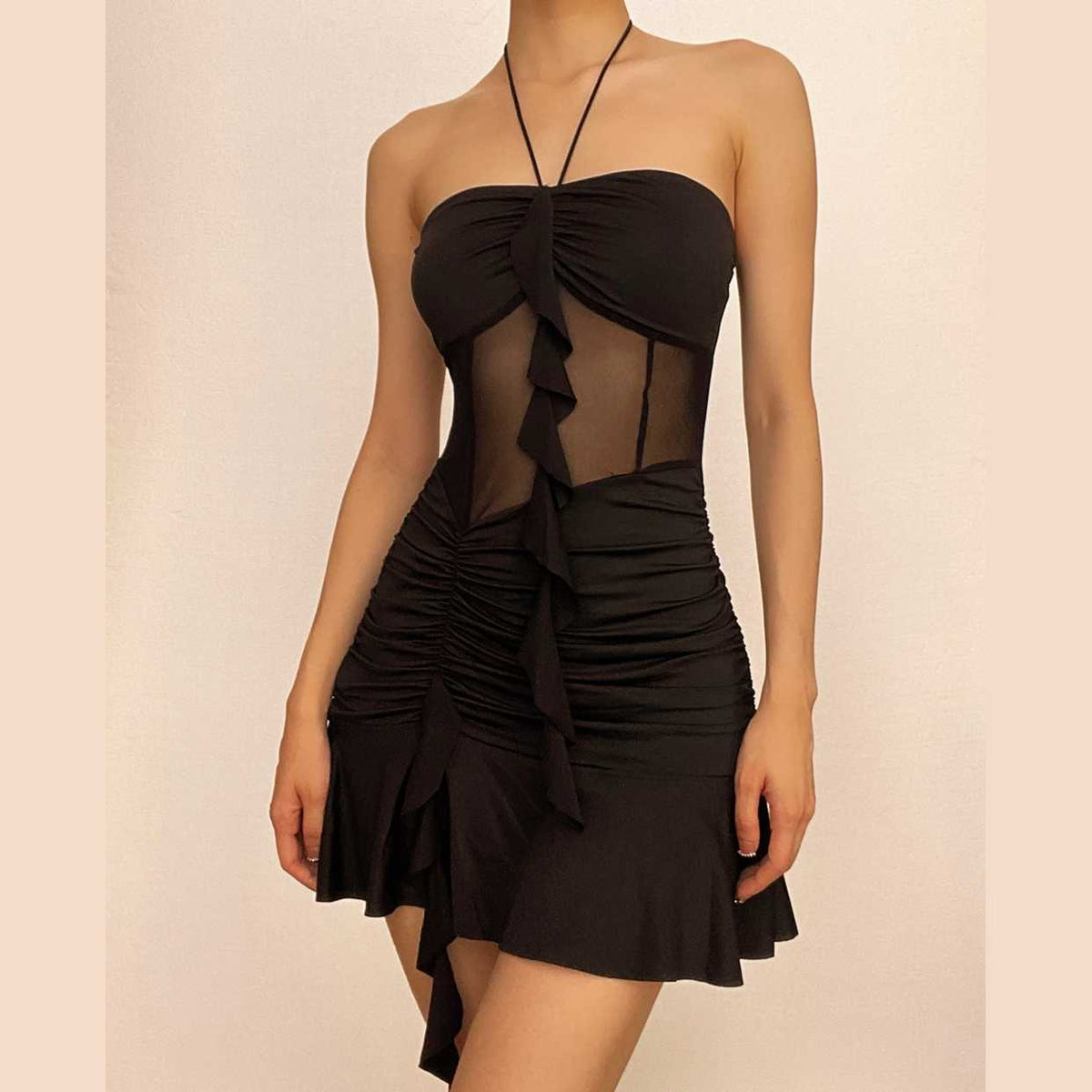 Mesh patchwork ruffle ruched halter backless mini dress