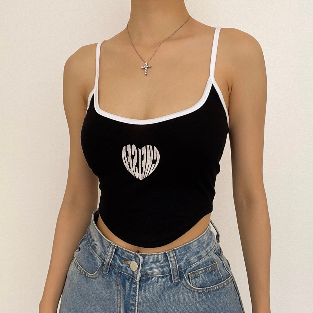 Tief ausgeschnittenes, kontrastfarbenes Cami-Crop-Top mit Print