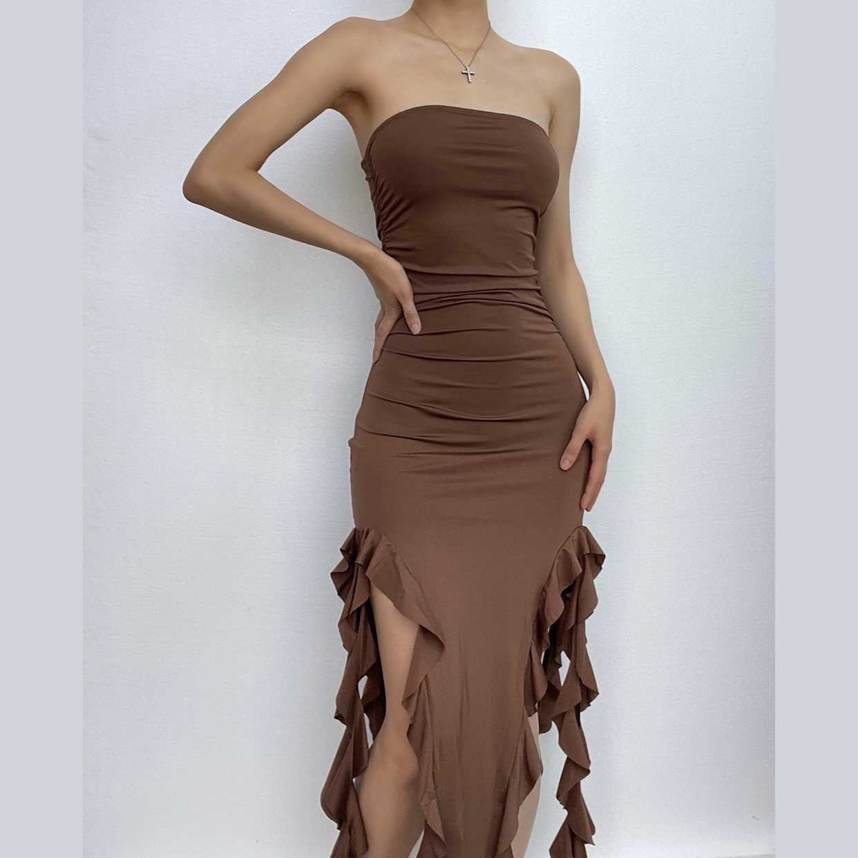 Solid slit irregular ruffle ribbon backless tube midi dress