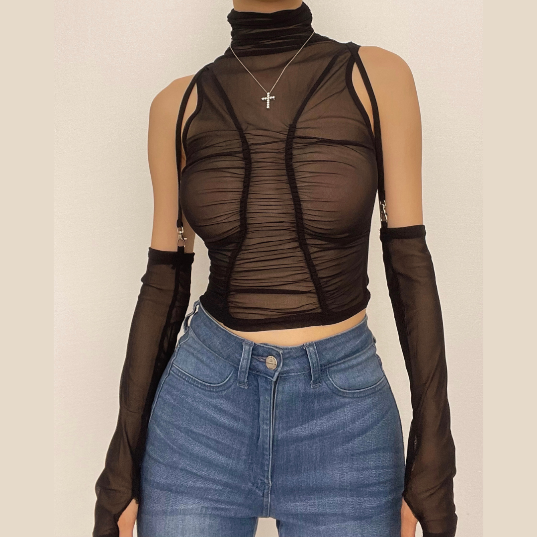 Ruched sheer mesh solid see through gloves button crop top