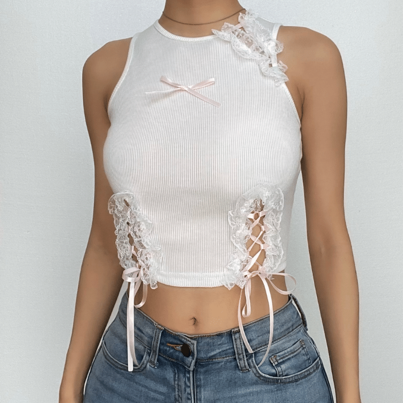 Ärmelloses Crop-Top mit Schleife und kontrastierendem Spitzensaum 