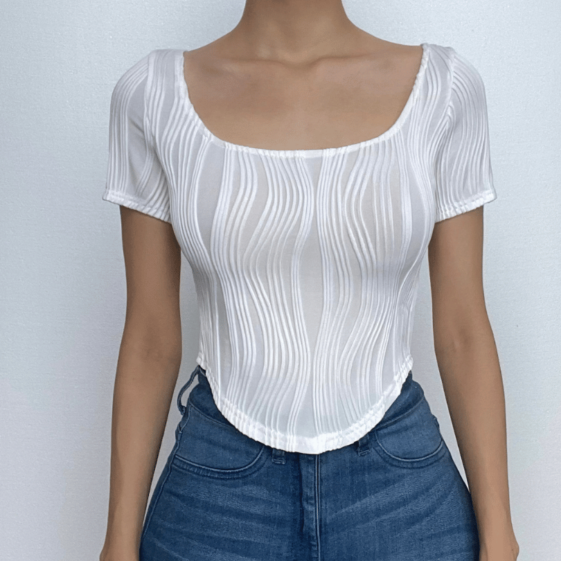 Strukturiertes, einfarbiges, kurzärmliges Crop-Top mit U-Ausschnitt