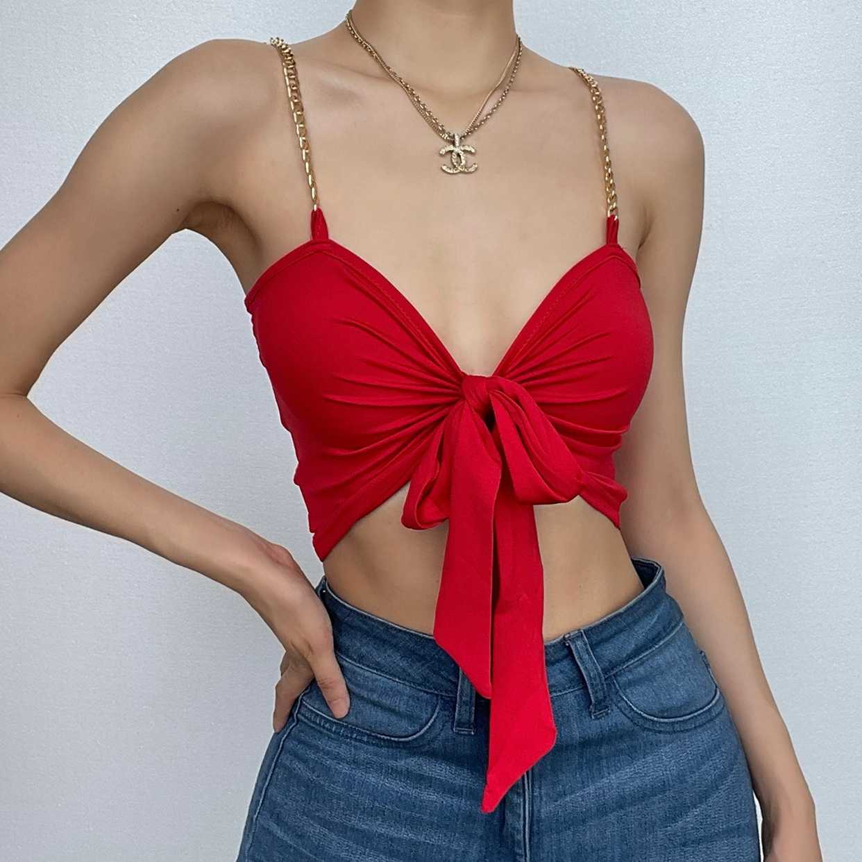 Metal chain knotted ruched solid crop top