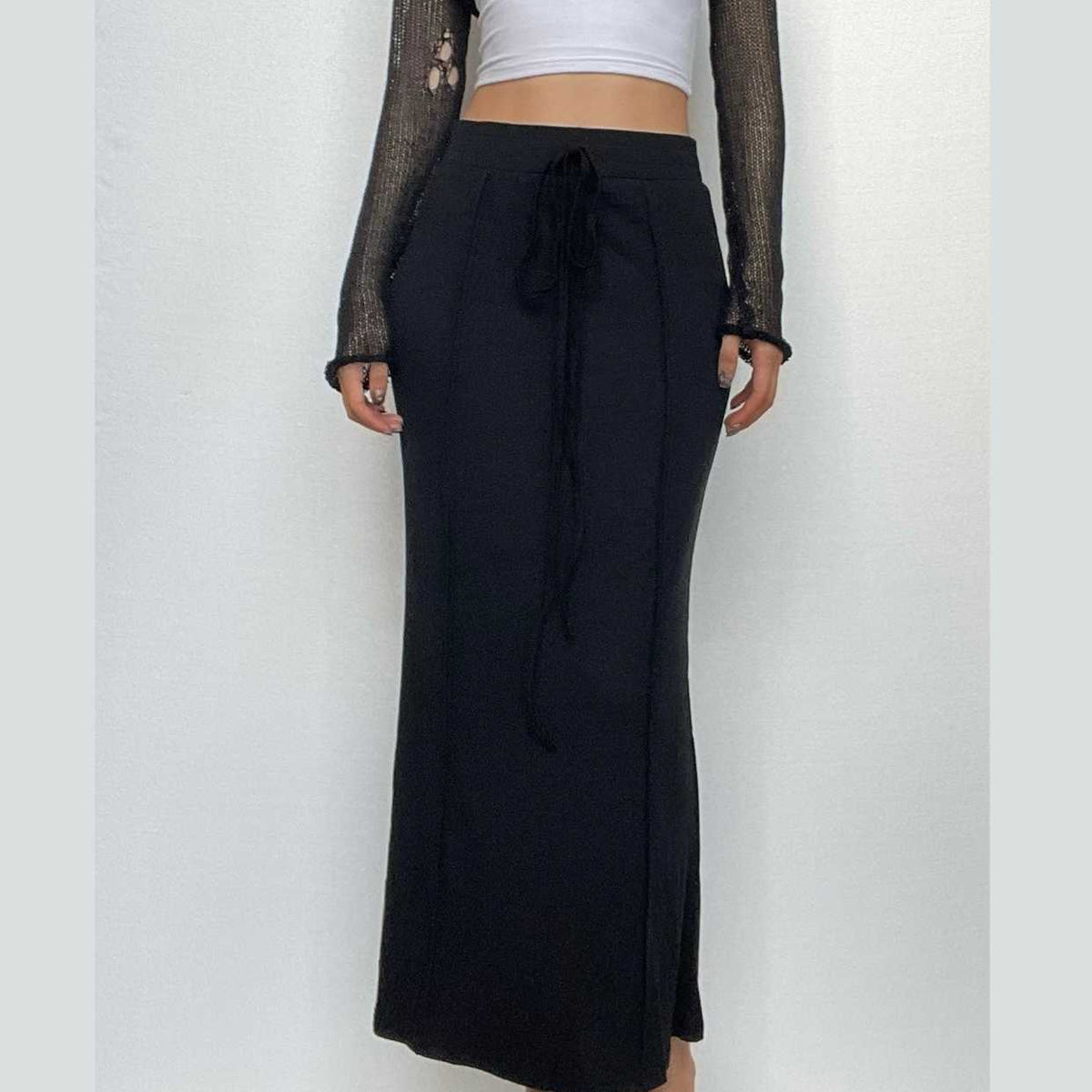 Solid self tie stitch medium rise maxi skirt