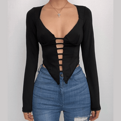 Hollow out solid halter backless long sleeve low cut corset top